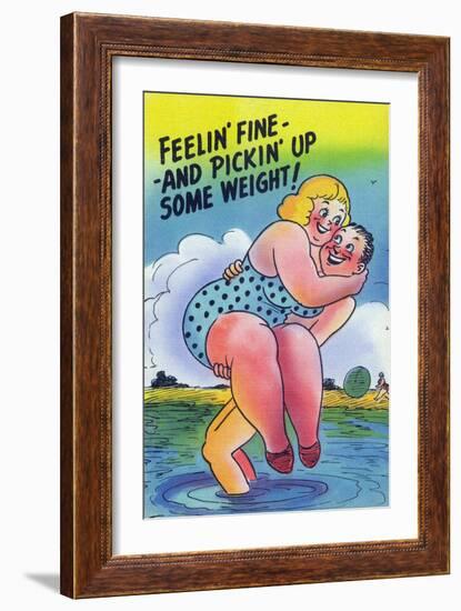 Comic Cartoon - Feelin' Fine and Picking Up Weight; Man Lifts Big Girl-Lantern Press-Framed Art Print