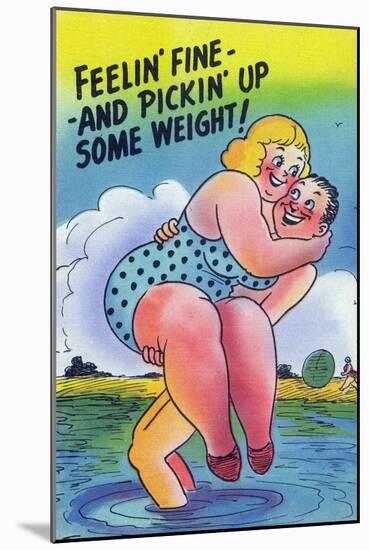 Comic Cartoon - Feelin' Fine and Picking Up Weight; Man Lifts Big Girl-Lantern Press-Mounted Art Print