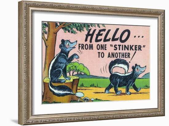 Comic Cartoon - Hello from One Stinker to Another; Two Skunks-Lantern Press-Framed Art Print