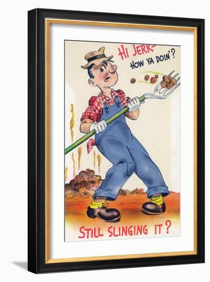 Comic Cartoon - Hi Jerk, Still Slinging It; Man Shoveling Poo-Lantern Press-Framed Art Print