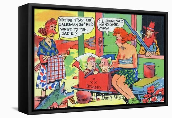 Comic Cartoon - Hillbillies; Mom Asking Daughter if the Travelin' Salesman Would Write-Lantern Press-Framed Stretched Canvas