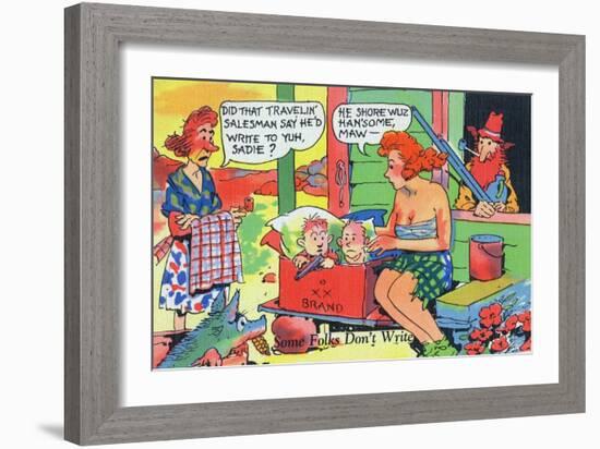 Comic Cartoon - Hillbillies; Mom Asking Daughter if the Travelin' Salesman Would Write-Lantern Press-Framed Art Print