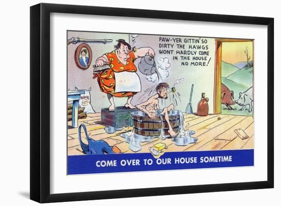 Comic Cartoon - Hillbillies; Pa Gets so Dirty, the Hogs Won't Stay inside-Lantern Press-Framed Art Print