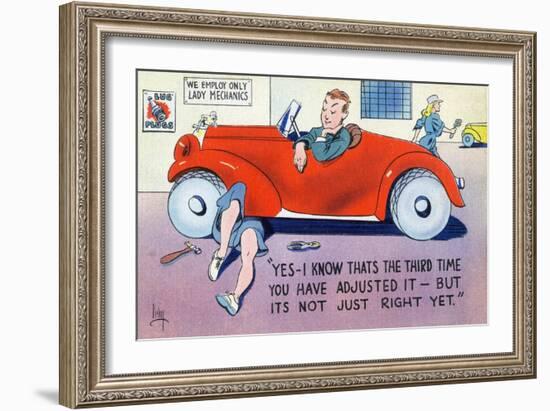 Comic Cartoon - Lady Mechanic Adjusting for the Third Time-Lantern Press-Framed Art Print