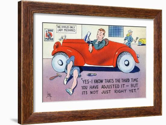 Comic Cartoon - Lady Mechanic Adjusting for the Third Time-Lantern Press-Framed Art Print