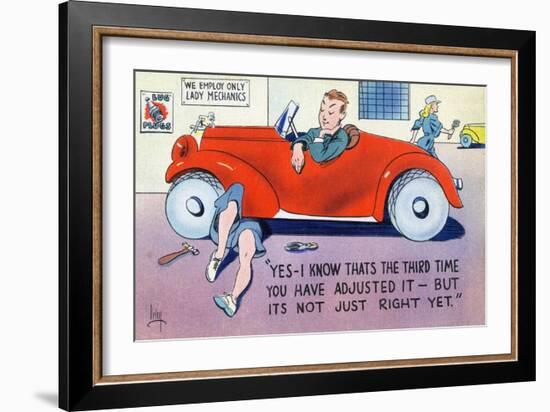 Comic Cartoon - Lady Mechanic Adjusting for the Third Time-Lantern Press-Framed Art Print