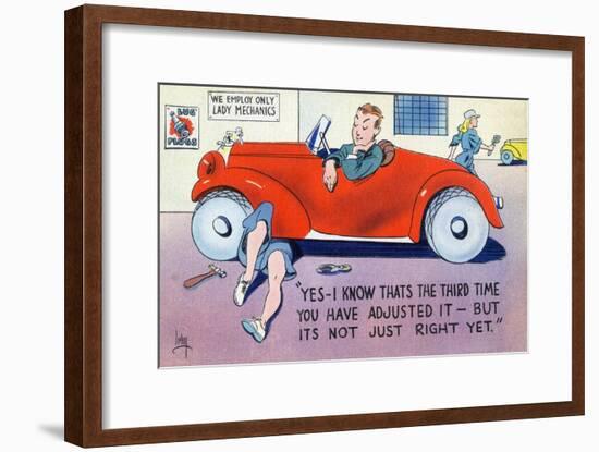 Comic Cartoon - Lady Mechanic Adjusting for the Third Time-Lantern Press-Framed Art Print