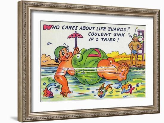 Comic Cartoon - Large Lady Doesn't Need Lifeguards, She Won't Sink-Lantern Press-Framed Art Print