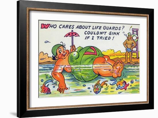 Comic Cartoon - Large Lady Doesn't Need Lifeguards, She Won't Sink-Lantern Press-Framed Art Print