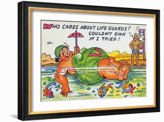 Comic Cartoon - Large Lady Doesn't Need Lifeguards, She Won't Sink-Lantern Press-Framed Art Print