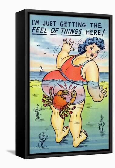 Comic Cartoon - Large Lady Just Getting the Feel; Crab Pinching Butt-Lantern Press-Framed Stretched Canvas