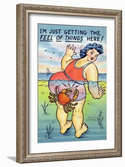 Comic Cartoon - Large Lady Just Getting the Feel; Crab Pinching Butt-Lantern Press-Framed Art Print