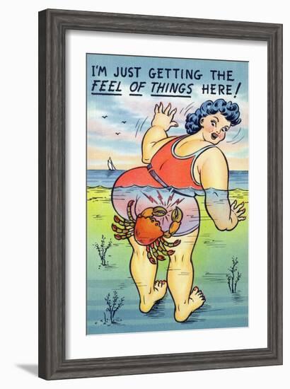 Comic Cartoon - Large Lady Just Getting the Feel; Crab Pinching Butt-Lantern Press-Framed Art Print