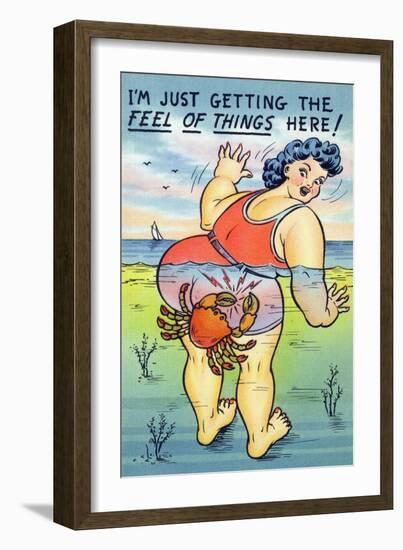 Comic Cartoon - Large Lady Just Getting the Feel; Crab Pinching Butt-Lantern Press-Framed Art Print