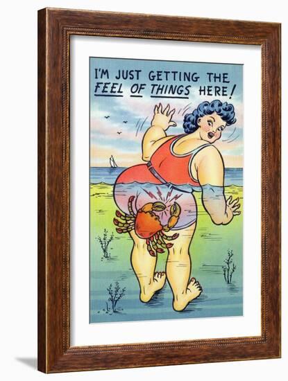 Comic Cartoon - Large Lady Just Getting the Feel; Crab Pinching Butt-Lantern Press-Framed Art Print