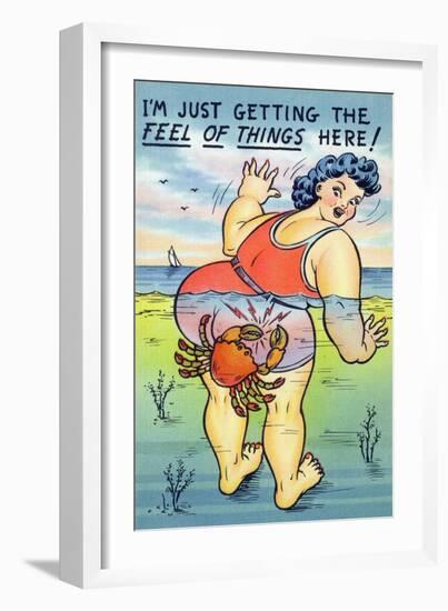 Comic Cartoon - Large Lady Just Getting the Feel; Crab Pinching Butt-Lantern Press-Framed Art Print