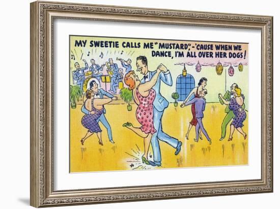 Comic Cartoon - Man Says He's Called Mustard Cause When Dancing, He's All over the Dogs-Lantern Press-Framed Art Print