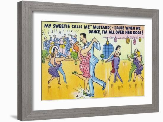 Comic Cartoon - Man Says He's Called Mustard Cause When Dancing, He's All over the Dogs-Lantern Press-Framed Art Print