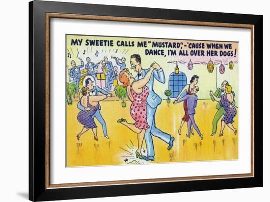 Comic Cartoon - Man Says He's Called Mustard Cause When Dancing, He's All over the Dogs-Lantern Press-Framed Art Print