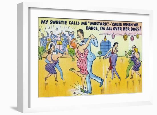 Comic Cartoon - Man Says He's Called Mustard Cause When Dancing, He's All over the Dogs-Lantern Press-Framed Art Print