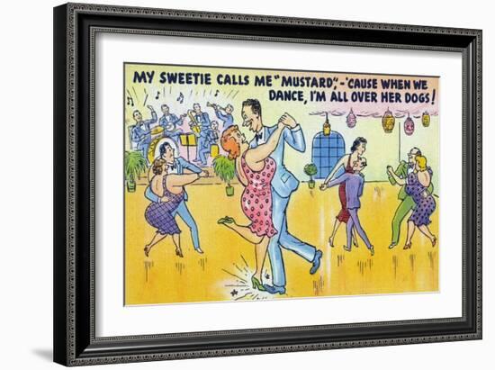 Comic Cartoon - Man Says He's Called Mustard Cause When Dancing, He's All over the Dogs-Lantern Press-Framed Art Print