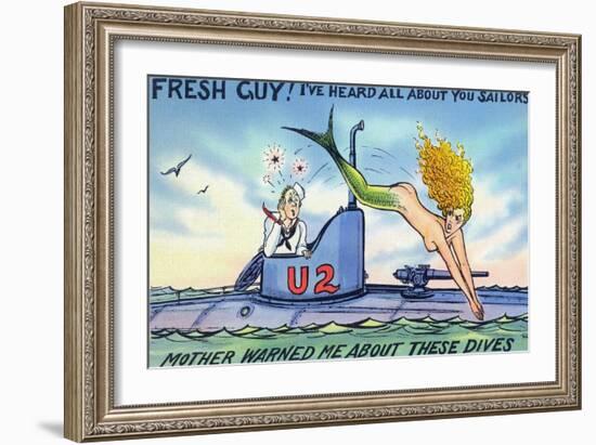 Comic Cartoon - Mermaid Hits Sailor as She Jumps-Lantern Press-Framed Art Print