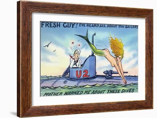 Comic Cartoon - Mermaid Hits Sailor as She Jumps-Lantern Press-Framed Art Print