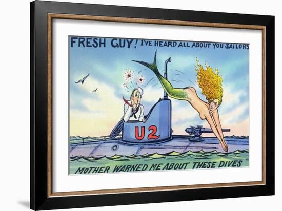 Comic Cartoon - Mermaid Hits Sailor as She Jumps-Lantern Press-Framed Art Print