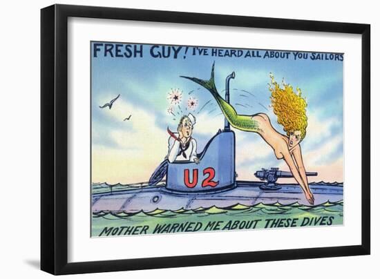 Comic Cartoon - Mermaid Hits Sailor as She Jumps-Lantern Press-Framed Art Print