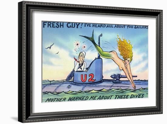 Comic Cartoon - Mermaid Hits Sailor as She Jumps-Lantern Press-Framed Art Print