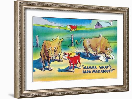 Comic Cartoon - Red Calf Asking Mamma Cow Why Papa Bull is Mad-Lantern Press-Framed Art Print