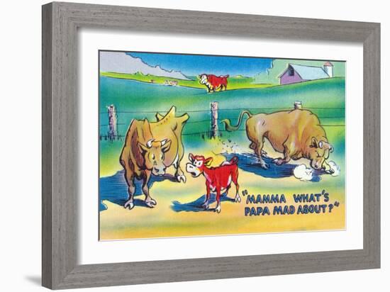 Comic Cartoon - Red Calf Asking Mamma Cow Why Papa Bull is Mad-Lantern Press-Framed Art Print