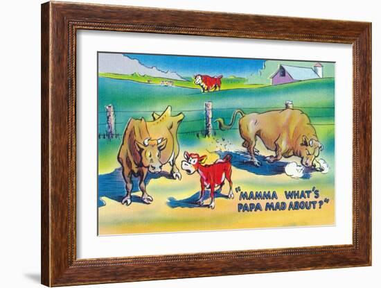 Comic Cartoon - Red Calf Asking Mamma Cow Why Papa Bull is Mad-Lantern Press-Framed Art Print