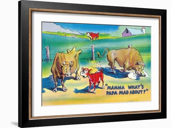 Comic Cartoon - Red Calf Asking Mamma Cow Why Papa Bull is Mad-Lantern Press-Framed Art Print