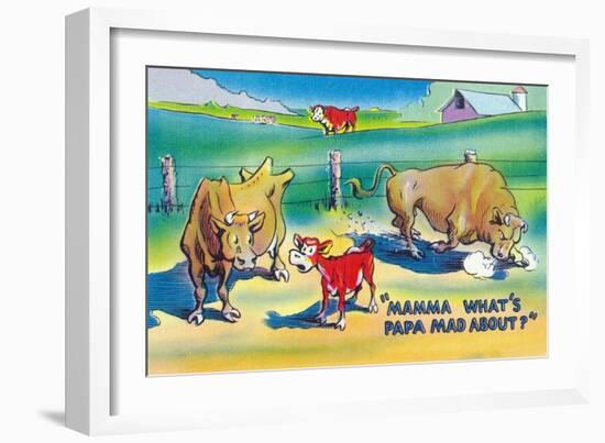 Comic Cartoon - Red Calf Asking Mamma Cow Why Papa Bull is Mad-Lantern Press-Framed Art Print