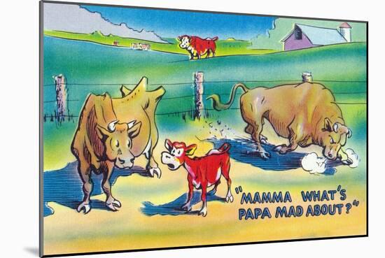 Comic Cartoon - Red Calf Asking Mamma Cow Why Papa Bull is Mad-Lantern Press-Mounted Art Print