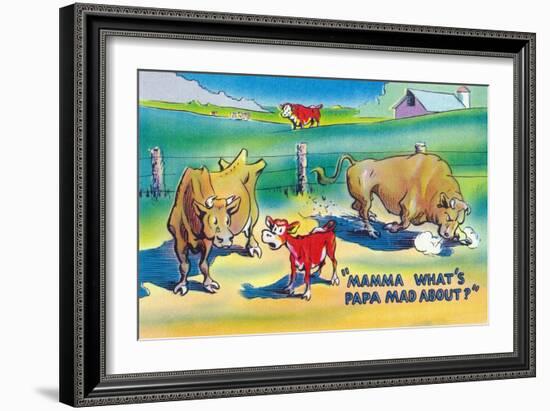 Comic Cartoon - Red Calf Asking Mamma Cow Why Papa Bull is Mad-Lantern Press-Framed Art Print