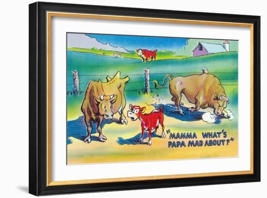 Comic Cartoon - Red Calf Asking Mamma Cow Why Papa Bull is Mad-Lantern Press-Framed Art Print