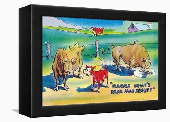 Comic Cartoon - Red Calf Asking Mamma Cow Why Papa Bull is Mad-Lantern Press-Framed Stretched Canvas