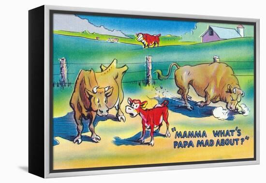 Comic Cartoon - Red Calf Asking Mamma Cow Why Papa Bull is Mad-Lantern Press-Framed Stretched Canvas