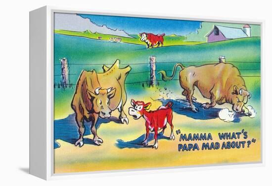 Comic Cartoon - Red Calf Asking Mamma Cow Why Papa Bull is Mad-Lantern Press-Framed Stretched Canvas
