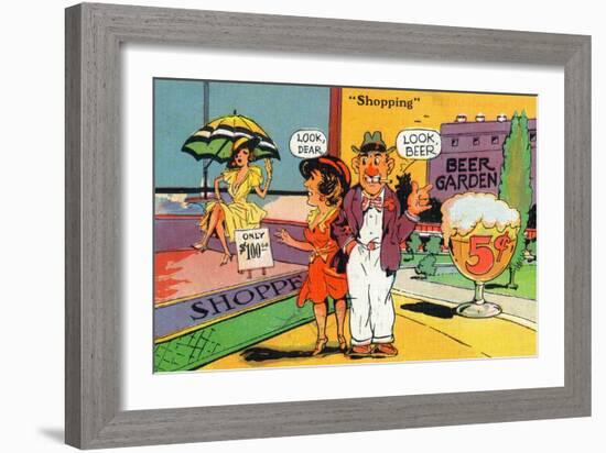 Comic Cartoon - Shopping Scene; Woman Says Look Dear, Husband Says Look Beer-Lantern Press-Framed Art Print