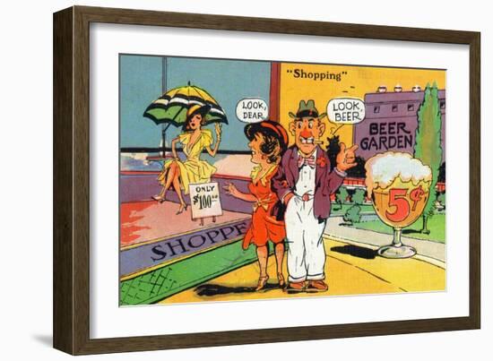 Comic Cartoon - Shopping Scene; Woman Says Look Dear, Husband Says Look Beer-Lantern Press-Framed Art Print