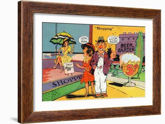 Comic Cartoon - Shopping Scene; Woman Says Look Dear, Husband Says Look Beer-Lantern Press-Framed Art Print