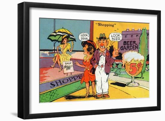 Comic Cartoon - Shopping Scene; Woman Says Look Dear, Husband Says Look Beer-Lantern Press-Framed Art Print