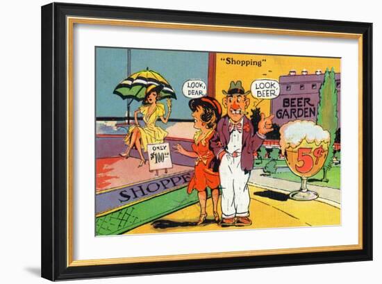 Comic Cartoon - Shopping Scene; Woman Says Look Dear, Husband Says Look Beer-Lantern Press-Framed Art Print