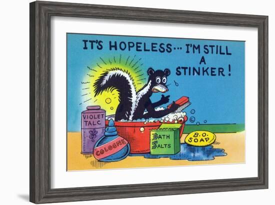 Comic Cartoon - Skunk Bathing; It's Hopeless, I'm Still a Stinker-Lantern Press-Framed Art Print