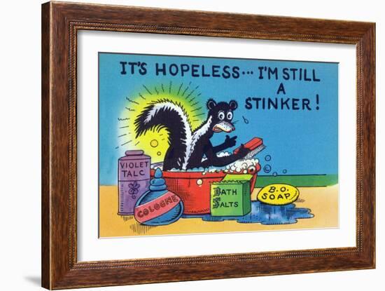 Comic Cartoon - Skunk Bathing; It's Hopeless, I'm Still a Stinker-Lantern Press-Framed Art Print