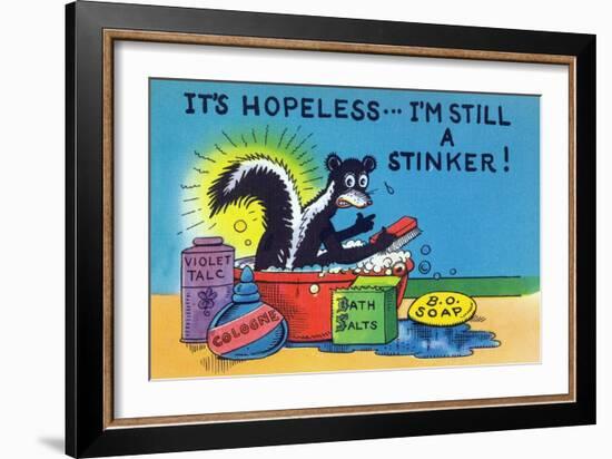 Comic Cartoon - Skunk Bathing; It's Hopeless, I'm Still a Stinker-Lantern Press-Framed Art Print