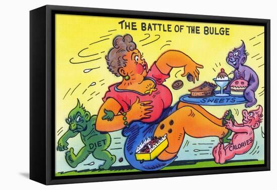 Comic Cartoon - The Battle of the Bulge; Woman Eating Snacks-Lantern Press-Framed Stretched Canvas